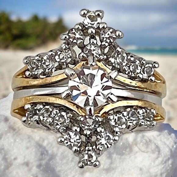 Vintage Wedding Ring Set  Size 7 Cubic Zirconia 14K Gold Plate Bridal MCM 14R - Picture 1 of 7